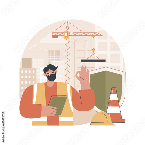 Building safety abstract concept vector illustration. Construction site, building equipment, personal safety, contractor business, worker health, protection helmet, engineering abstract metaphor.