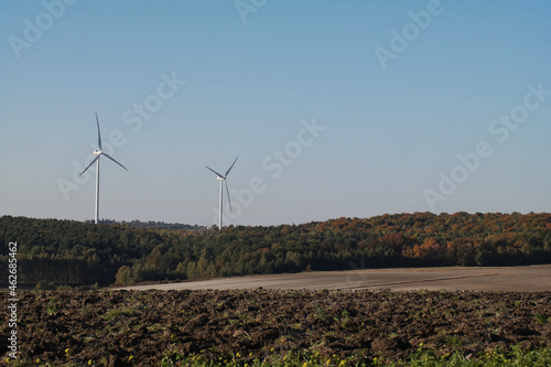 Turbiny wiatrowe nad lasami i polami w wschodniej europie.