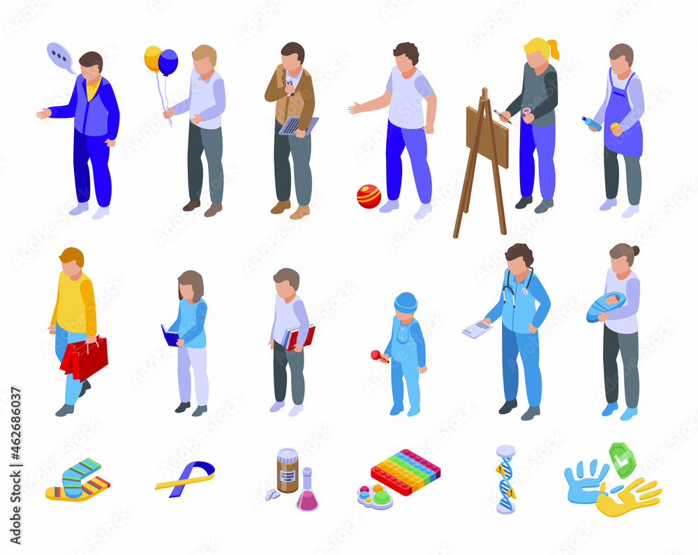 Syndrome down icons set isometric vector. Childcare disability. Disabled education