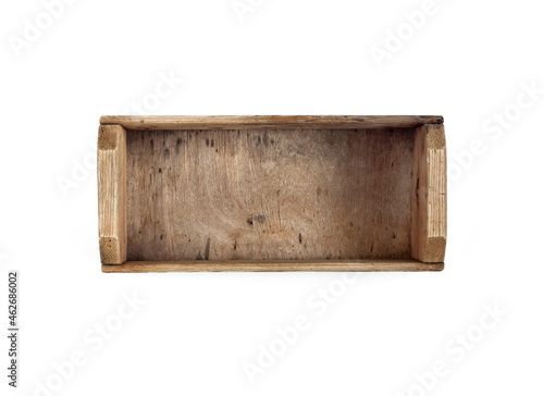 Old wooden box isolated on white background. Flat lay, top view