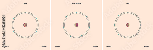Conceptual vector representation of a nitrogen atom and its ions: a cation with less electrons than protons and positive charge, and an anion with more electrons than protons and negative charge.

