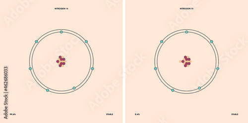 Conceptual vector representation of a nitrogen atom and its natural stable isotopes: nitrogen-14 with seven neutrons, and nitrogen-15 with eight neutrons. 