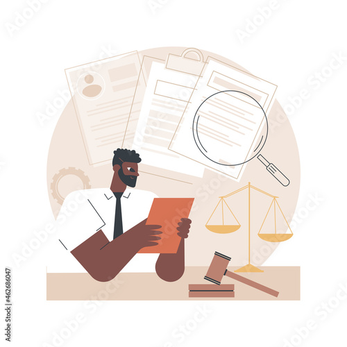 Legal research abstract concept vector illustration. Legal precedent, decision making, data collection, judge decision, statutes and regulations, jurisprudence, law dictionary abstract metaphor.