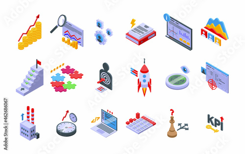 Performance management icons set isometric vector. Hypothesis stydy. Finance people