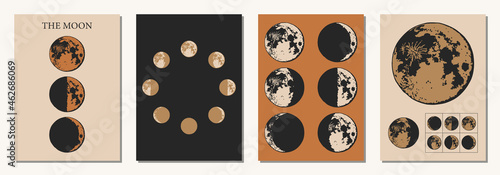 The Moon, Moon Phases in modern colors, contemporary aesthetic poster, background or card template in popular art style