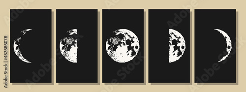 The Moon, Moon Phases in modern colors, contemporary aesthetic poster, background or card template in popular art style