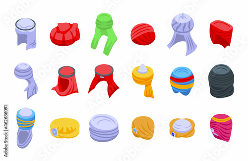 Arabic turban icons set isometric vector. Arab hat. Oriental accessories