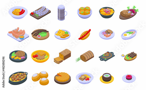 German cuisine icons set isometric vector. Cafe sausage. Chicken cooking