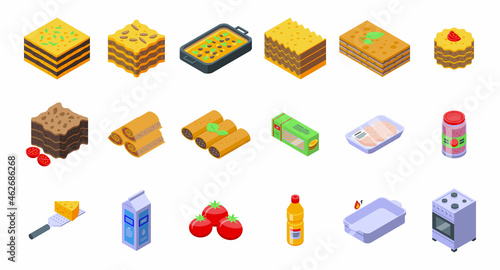 Lasagna icons set isometric vector. Cannelloni cuisine. Italy culinary