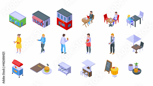 Street cafe icons set isometric vector. Adult city. Food bar