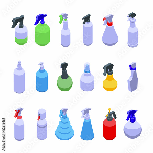 Spray bottle icons set isometric vector. Sprayer cleaning. Mist aerosol