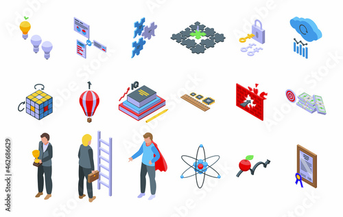 Insight icons set isometric vector. Brainstorm generation. Mind problem