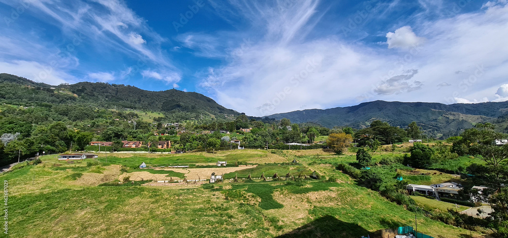 Rural landscape with blue sky in Loma Del Escobero. Envigado, Antioquia, Colombia.