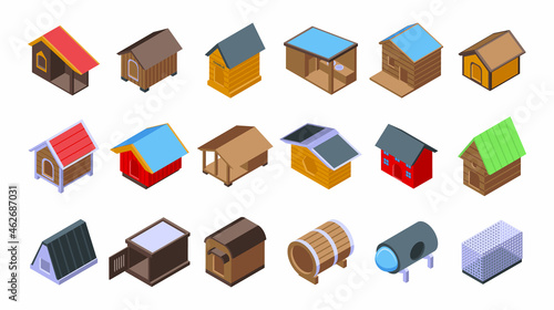 Dog kennel icons set isometric vector. Pet food. Anima accessory