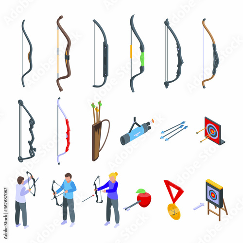 Archery competition icons set isometric vector. Archery target. Bullseye goal