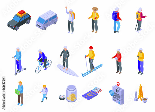 Retirement travel icons set isometric vector. Safety insurance. Health life