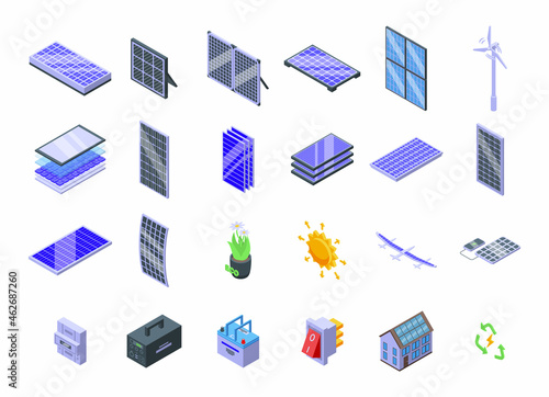 Solar panels icons set isometric vector. Solar inverter, Battery energy