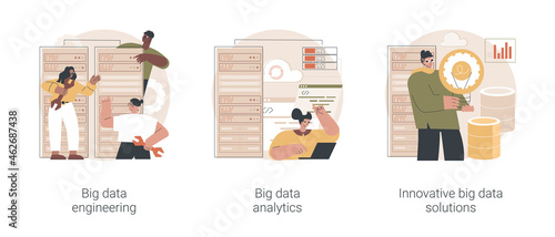 Database technology abstract concept vector illustration set. Big data engineering, automated analytics system, innovative big data solutions, business software, machine learning abstract metaphor.