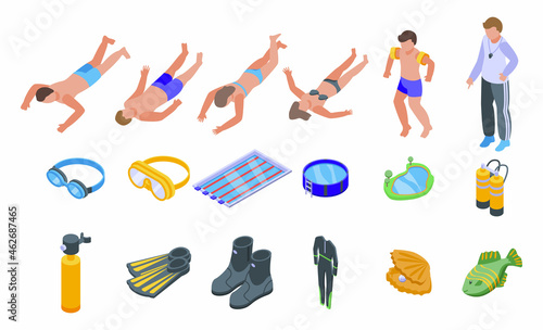 Diving school icons set isometric vector. Active beach. Boy child