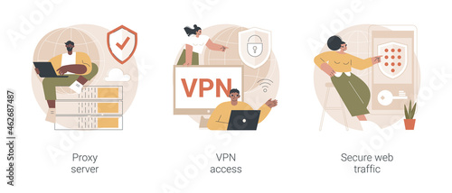 Internet security settings abstract concept vector illustration set. Proxy server, VPN access, secure web traffic, IP address, network access, connectivity, encrypted data transfer abstract metaphor.