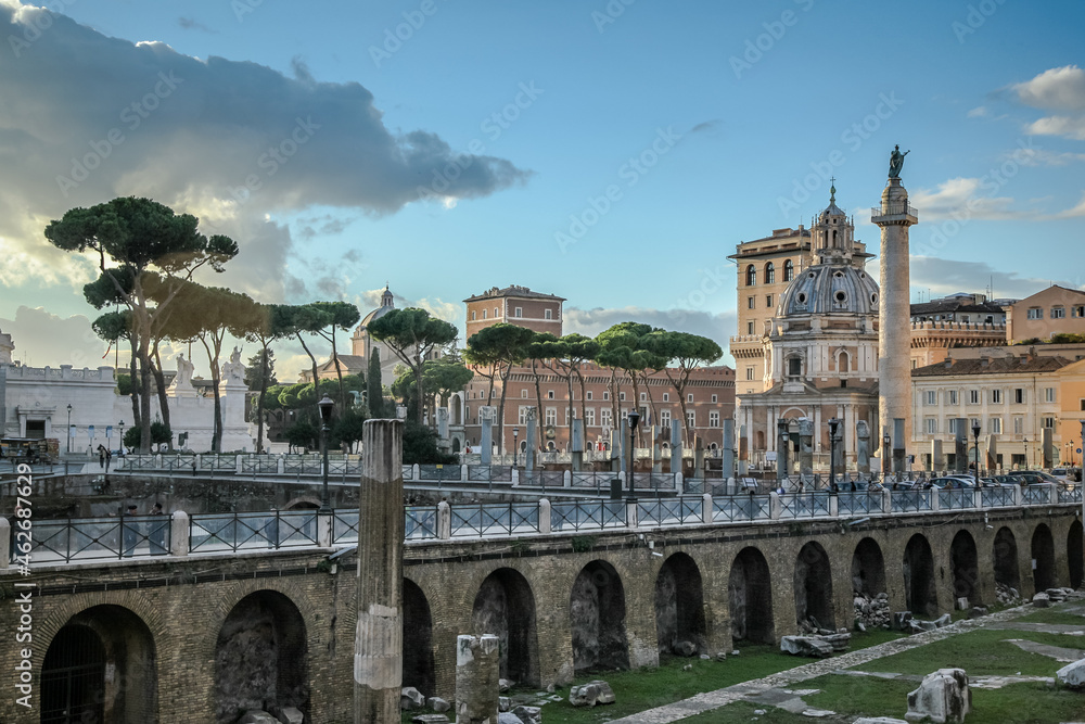 Fototapeta premium Imperial forums in Rome. The ancient ruins of Trajan's forum. Rome, Italy