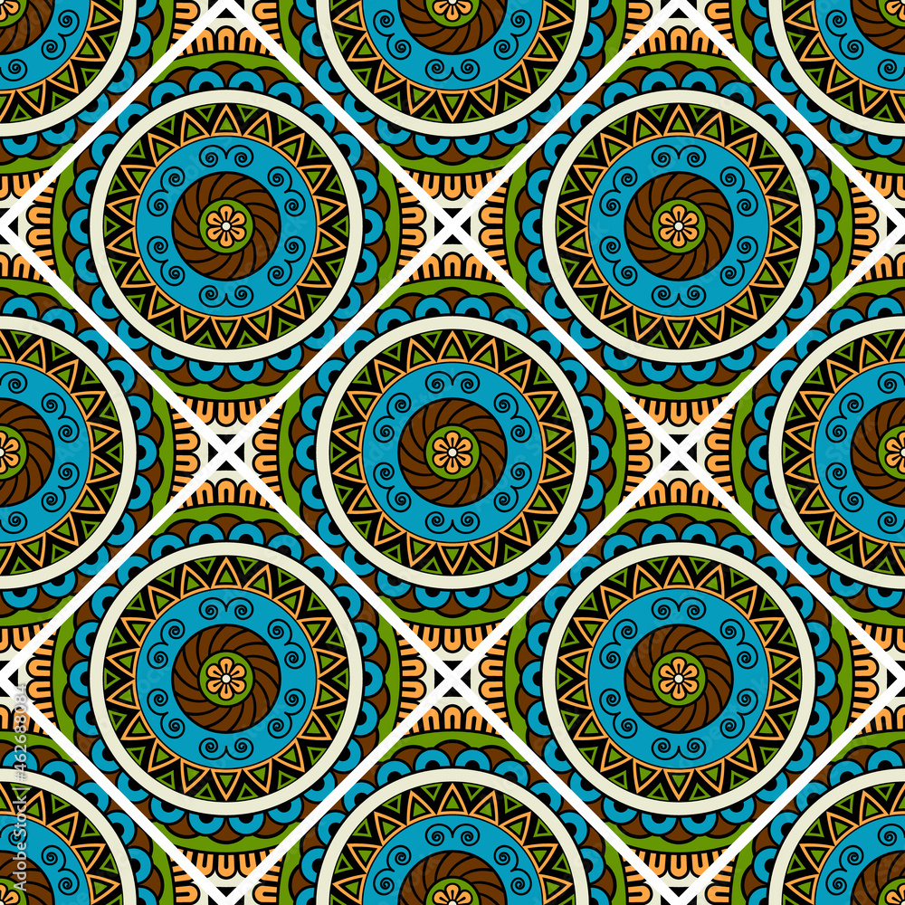Abstract seamless backdrop. Round colorful texture in green, blue and white colors. Mandala tile background. Oriental pattern for design