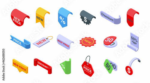 New price icons set isometric vector. Sale discount. New deal