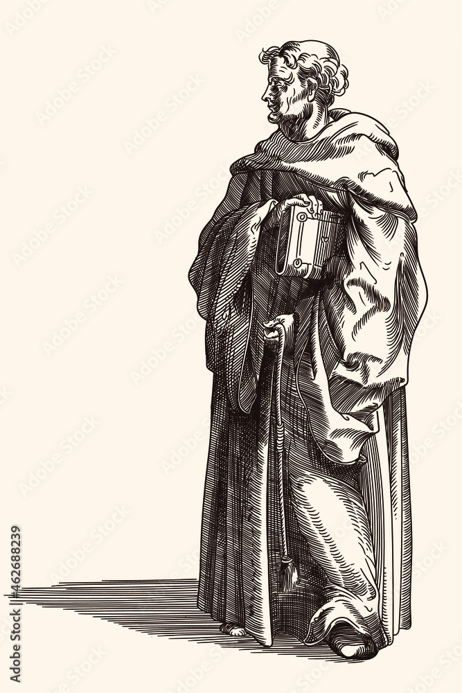 An old monk in a dark cassock with a book bible in hand. Medieval engraving.