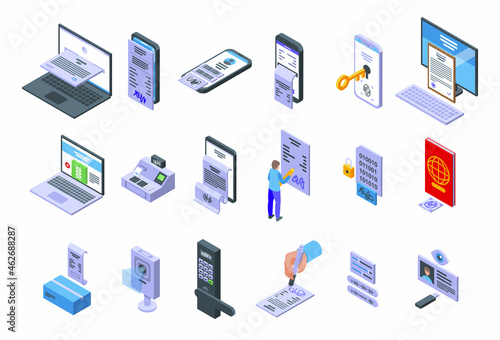 Handwriting identification icons set isometric vector. Access approve. Biometric authentication