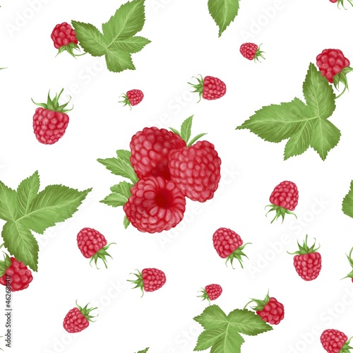 Pattern raspberry berries with leaves on a white background