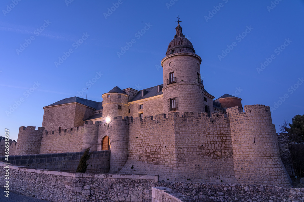 SIMANCAS, SPAIN - MARCH 07, 2020: Historical Archive castle of Simancas in Valladolid at sunset with blue sky, Castilla y Leon, Spain.