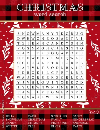 Christmas word search puzzle. Fun printable activity winter game. Cute holiday party game.  DIY template. Find 16 words.  Educational crossword for learning English.  