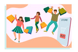 People shop online, happy customers make payments using smartphones. Scene of digital online store with man and woman and teenager on shopping. E-commerce advertising illustration.