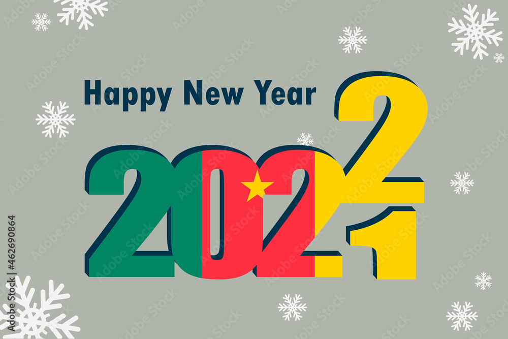 New Year's card 2022. Depicted: element of the flag of Cameroon, festive inscription and snowflakes. It can be used as a promotional poster, postcard, flyer, invitation, or website.