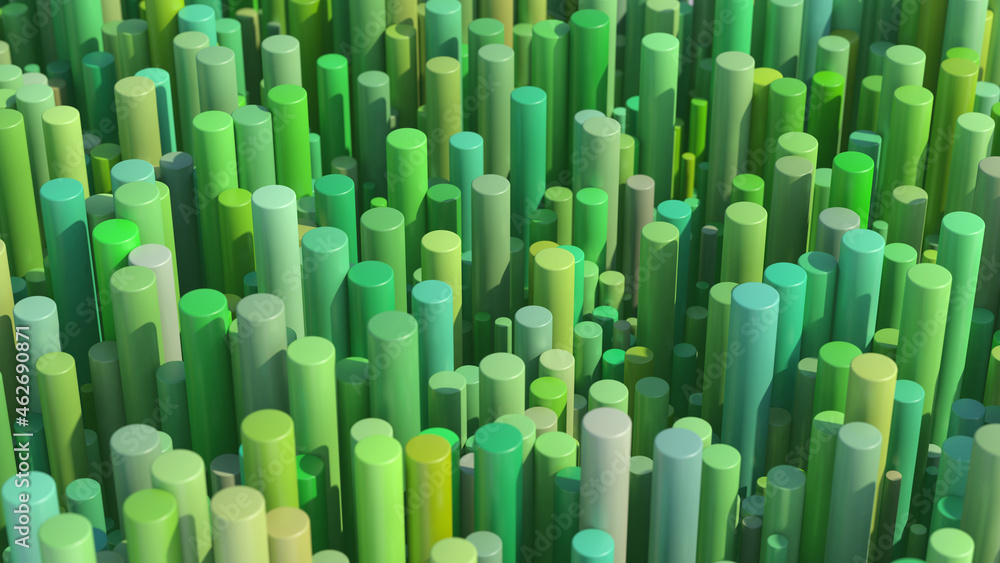 Obraz premium Group of bright green cylinders. Abstract illustration, 3d render.
