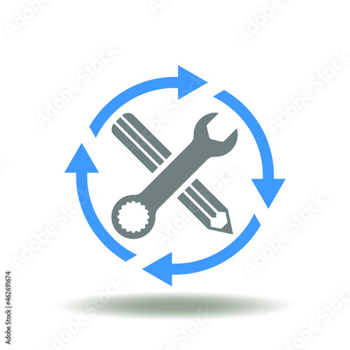 Vector illustration of round arrows with wrench and pencil. Symbol of research and development. Icon of R and D. Engineering labor work sign.