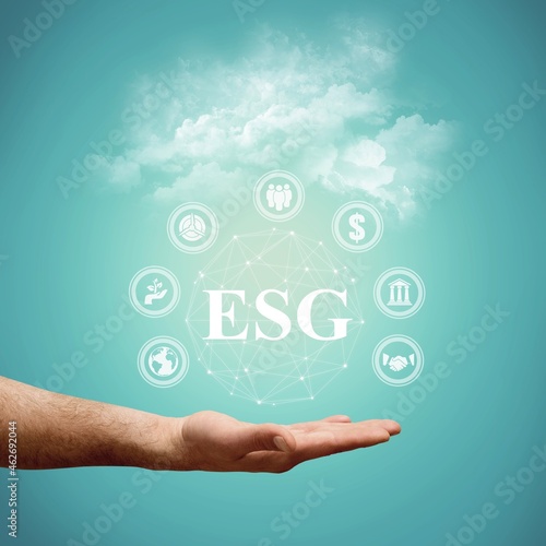 ESG icon concept in the hand for environmental, social, Network connection on a background.