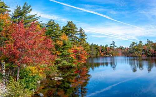  Autumn foliage colors reflect into the still waters of a lake in rural Nova Scotia on an early sunny day in autumn.