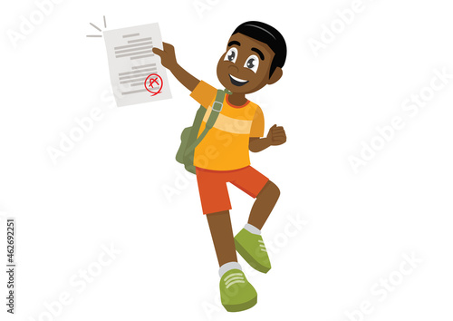 jumping African boy feel happy because get good grade from exam