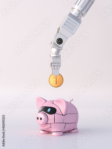 Rendering of robot hand feeding piggy bank with coin photo