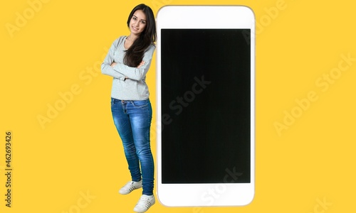 Happy Woman Leaning On Big Smartphone With Blank Screen