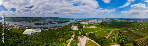 Germany, Rhineland-Palatinate, Bingen region, Rochus Mountain and Rochus Chapel, Aerial view of Kempen am Rhein and Ruedesheim am Rhein photo