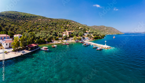 Greece, Aegean Sea, Pagasetic Gulf, Peninsula Pelion, Aerial view of fishing village and bay of Kottes photo