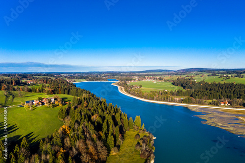 Germany, Bavaria, East Allgaeu, Fuessen, Prem, Aerial view of Lech reservoir photo