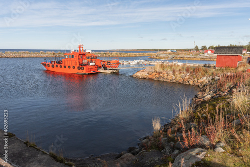Marjaniemi, hailuoto island, Finland September 26, 2021 Red rescue ship at the dock. Scandinavian Pisages photo