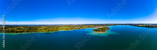Germany, Bavaria, Bachern, Stranberg district, Aerial view of Worth lake with the Worth island (also called Mausinsel)