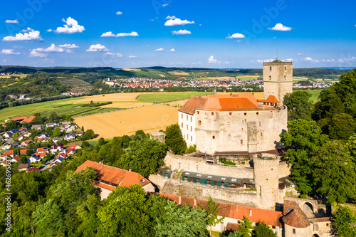 Germany, Baden-Wurttemberg, Odenwald, Neckar, Hassmersheim, Aerial view of Guttenberg Castle photo