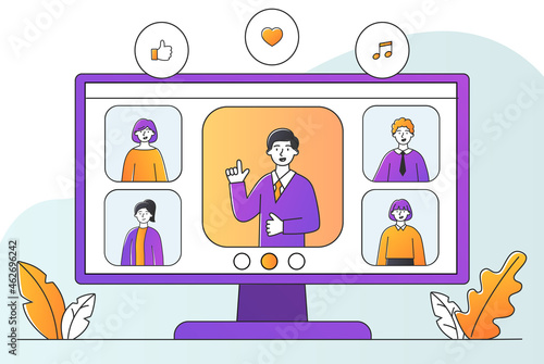 Conference video call concept. Company employees discuss project online. Remote meeting of partners. Large computer monitor. Cartoon modern flat vector illustration isolated on white background