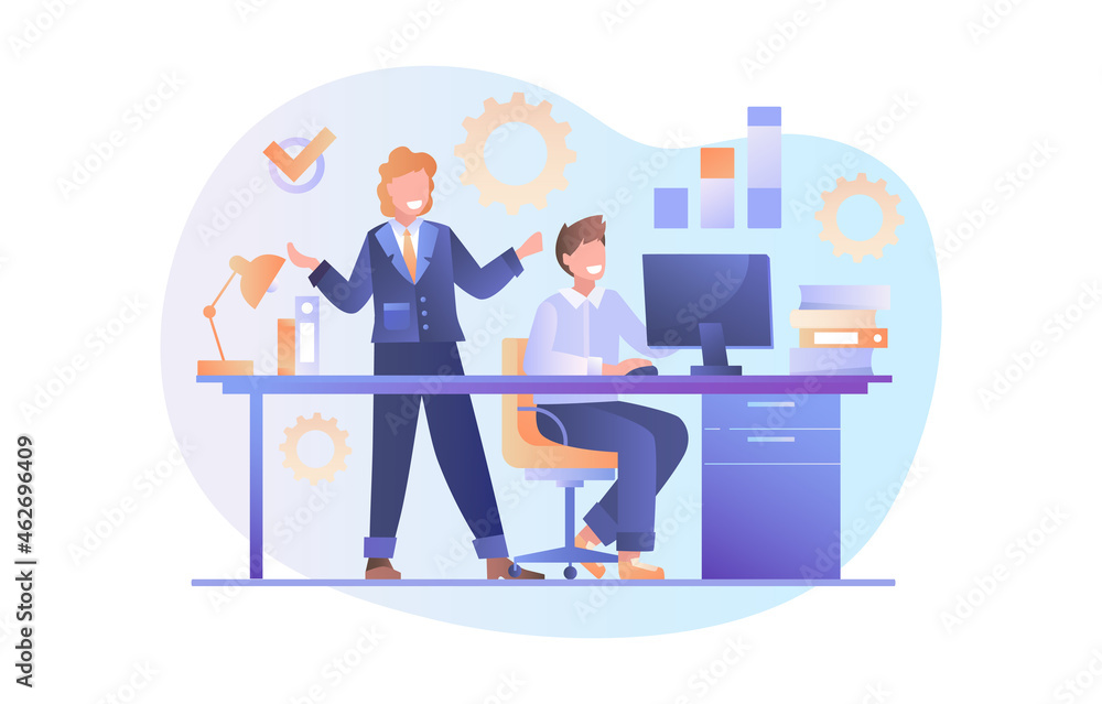 Businesswoman checks subordinate. Workflow, large company, successful project. Business, document, employee. Colleagues, office. Cartoon flat vector illustration isolated on white background Businesswoman checks subordinate. Workflow, large company, successful project. Business, document, employee. Colleagues, office. Cartoon flat vector illustration isolated on white background