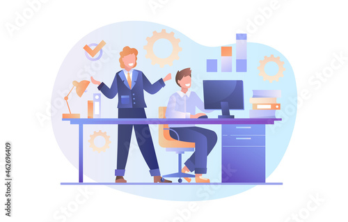 Businesswoman checks subordinate. Workflow, large company, successful project. Business, document, employee. Colleagues, office. Cartoon flat vector illustration isolated on white background © Rudzhan